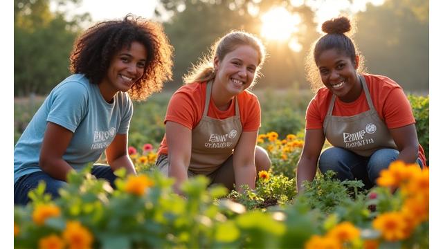 A team of Power Loom Health employees, wearing branded t-shirts, volunteering at a community garden in Austin, smiling and tending to plants. Sunny, positive outdoors.