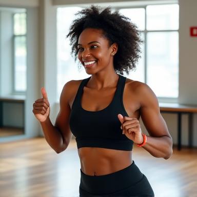 Lisa Thompson, an energetic African American female exercise physiologist, demonstrating a functional fitness exercise in a bright, modern gym.