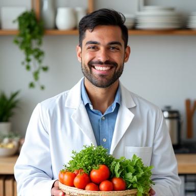 Marcus Rodriguez, a friendly Hispanic male registered dietitian, smiling and holding fresh produce in a clean kitchen environment.