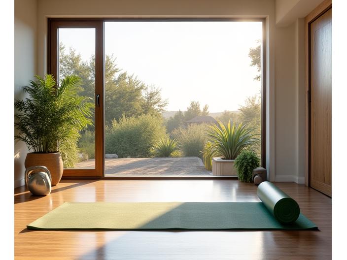 Clean, minimalist home gym setup in an Austin home with natural light, showing basic functional fitness equipment like resistance bands and yoga mat.