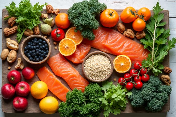 A colorful, vibrant spread of healthy, fresh food ingredients on a wooden table, emphasizing healthy aging nutrition.