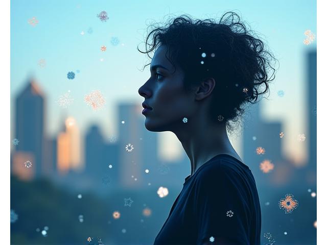 Illustration of a person experiencing stress with abstract elements representing accelerated aging, immune dysfunction, and cognitive decline, and a subtle overlay of Austin city skyline