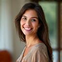 Portrait of Emily R., a smiling and composed mother with a backdrop that suggests both family life and professional work.