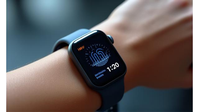A close-up of a wearable device on a wrist displaying biofeedback data graphs, representing tracking and self-regulation.