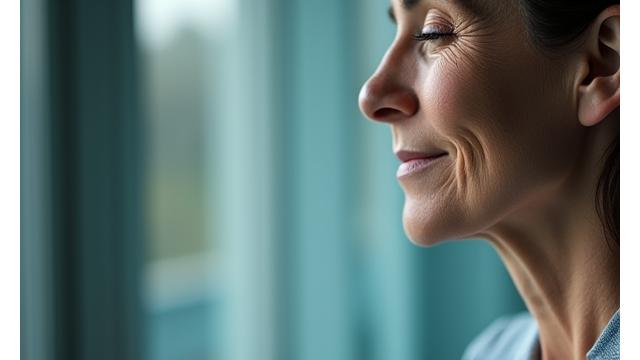 Close-up of a person deeply inhaling and exhaling, showing calm facial expression, highlighting breathing exercises.