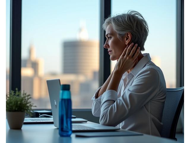 A professional in a modern Austin office environment taking a short, mindful break at their desk, perhaps doing a subtle stretch or focused breathing. The background shows blurred office activity.