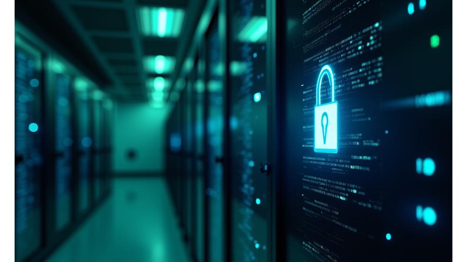 Modern server racks with glowing security indicators, symbolizing robust data encryption and protection.