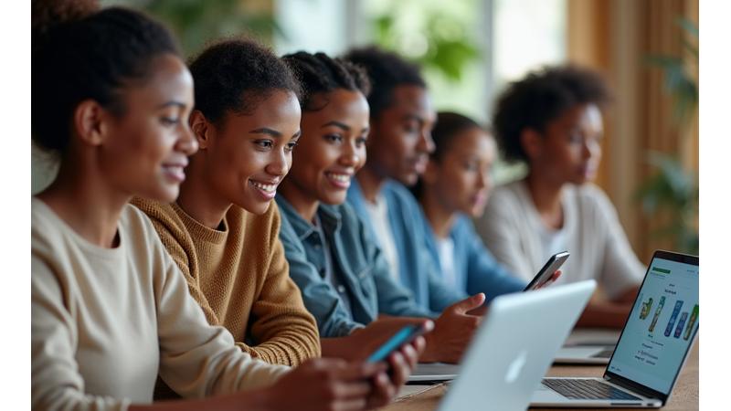A diverse group of adults (35-60) thoughtfully engaging in an online forum on various devices, showing friendly and supportive interactions. The background is subtle and clean, reflecting a vibrant but respectful community atmosphere.