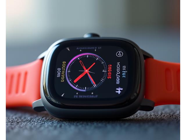 Smartwatch display showing activity rings, daily steps, and active calories burned, with a small heart rate graph in the background.