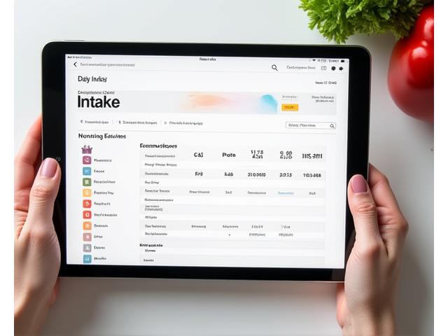 Screenshot of a nutrition tracking interface showing daily caloric intake, protein, carbs, and fat breakdown, with a meal history for breakfast, lunch, and dinner.