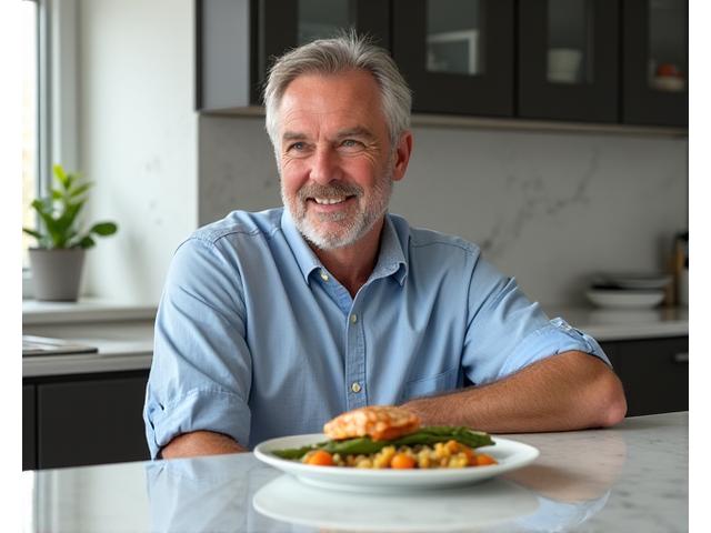 Photo of a man, aged 50s, looking thoughtful while eating a healthy meal, with a subtle overlay of nutrition tracking data showing macronutrient breakdown.