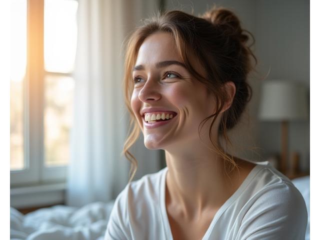 Photo of a smiling woman, aged 40s, looking refreshed and energetic after improving her sleep, with a subtle overlay of sleep data charts.